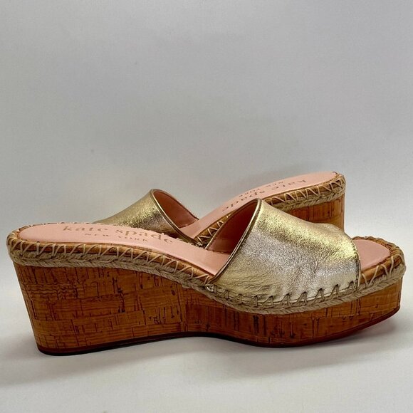 Kate Spade Cosette Cork Wedge Sandal Size 9.5B Gold Nappa Leather Slip-On - Picture 9 of 16